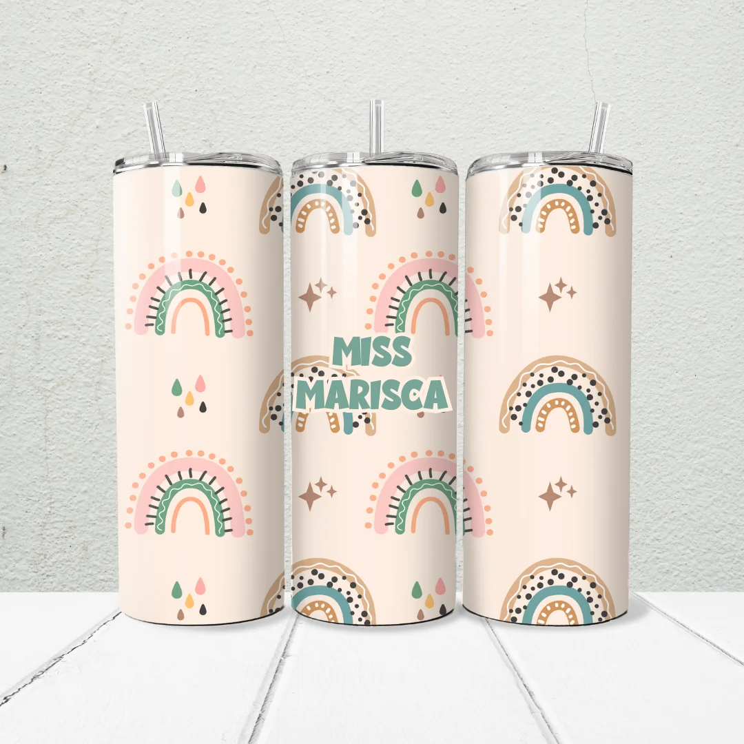 Pink Rainbow Teacher 20oz Skinny Tumbler | Personalised Printed - Image 2