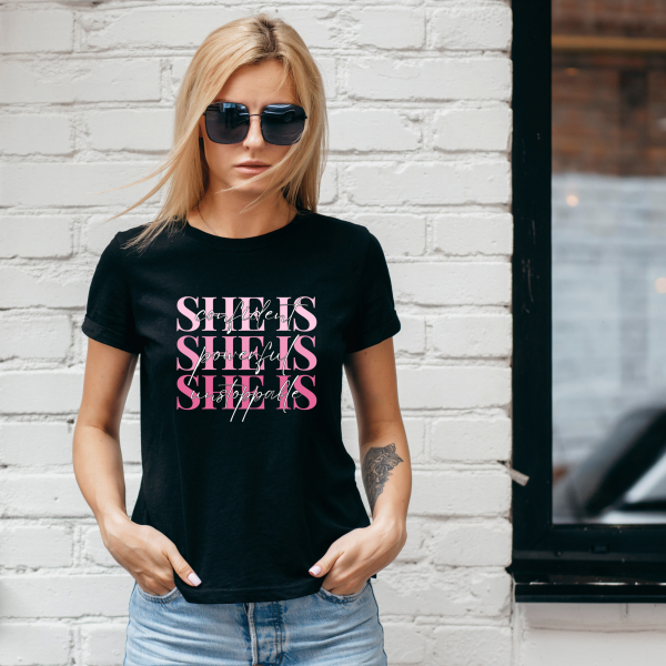 'She is' T-shirt on model