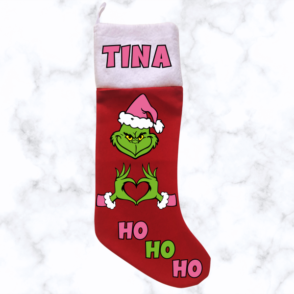 Pink Grinch Christmas Stocking - Red