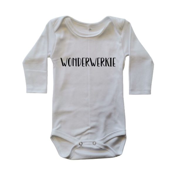 Long Sleeve White onesie with Wonderwerkie text