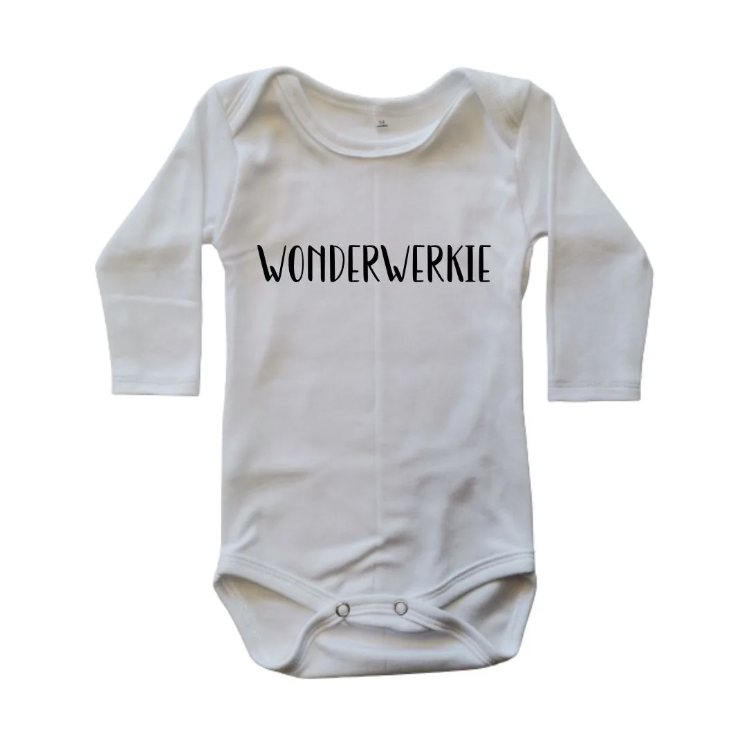 Long Sleeve White onesie with Wonderwerkie text