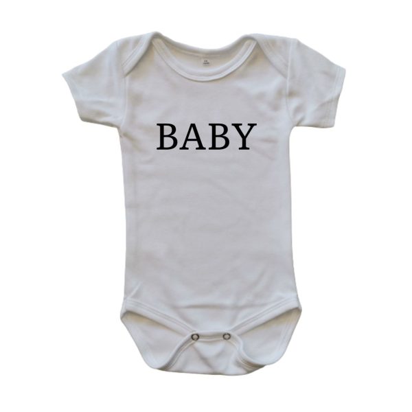 White Baby Onesie with 'Baby' Print – Soft Cotton Bodysuit