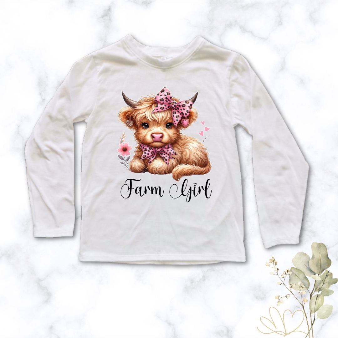 Farm Girl | Custom Printed Kids T-Shirt featuring a highland cow theme