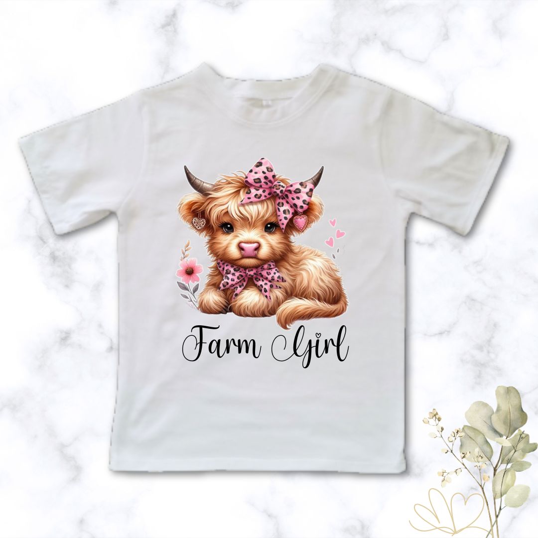 Farm Girl | Custom Printed Kids T-Shirt featuring a highland cow theme
