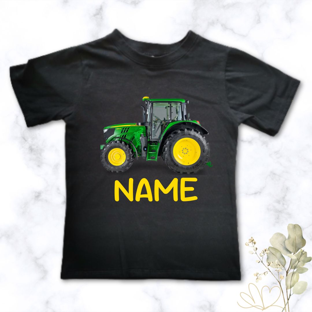 John Deere Tractor + name boys tee = Black