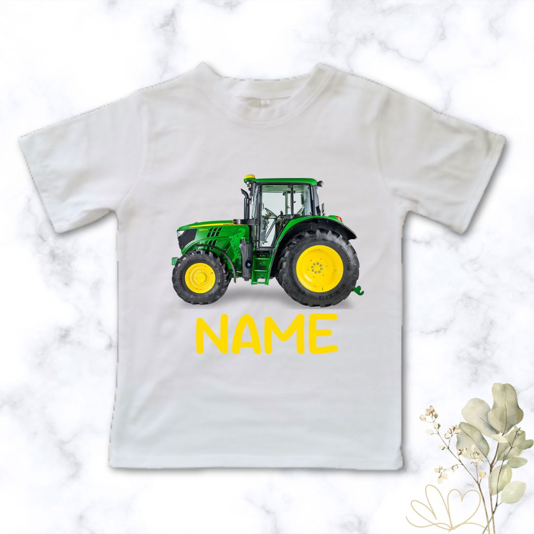 John Deere Tractor + name boys tee = White