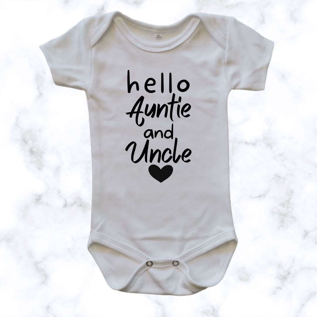 Hello Auntie and Uncle baby onesie