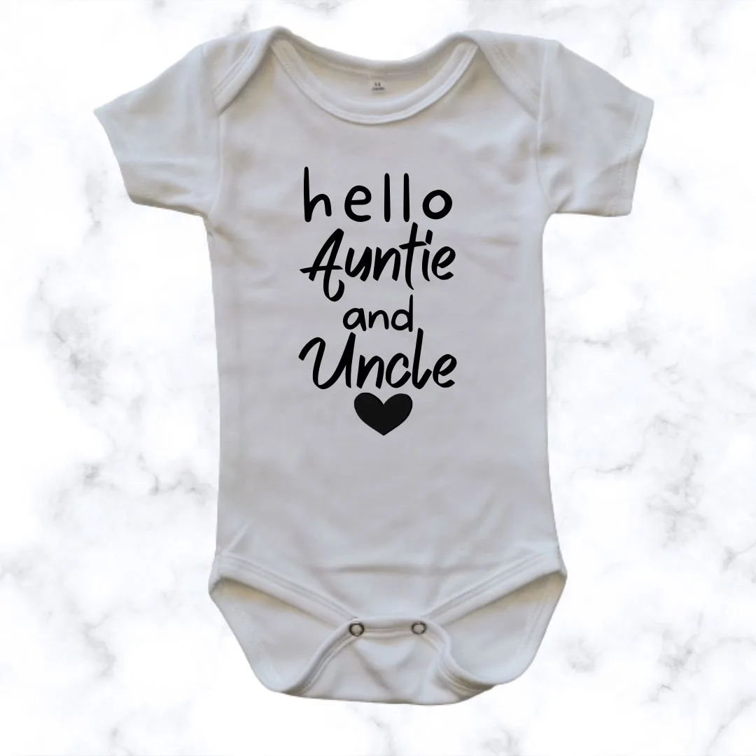 Hello Auntie and Uncle baby onesie