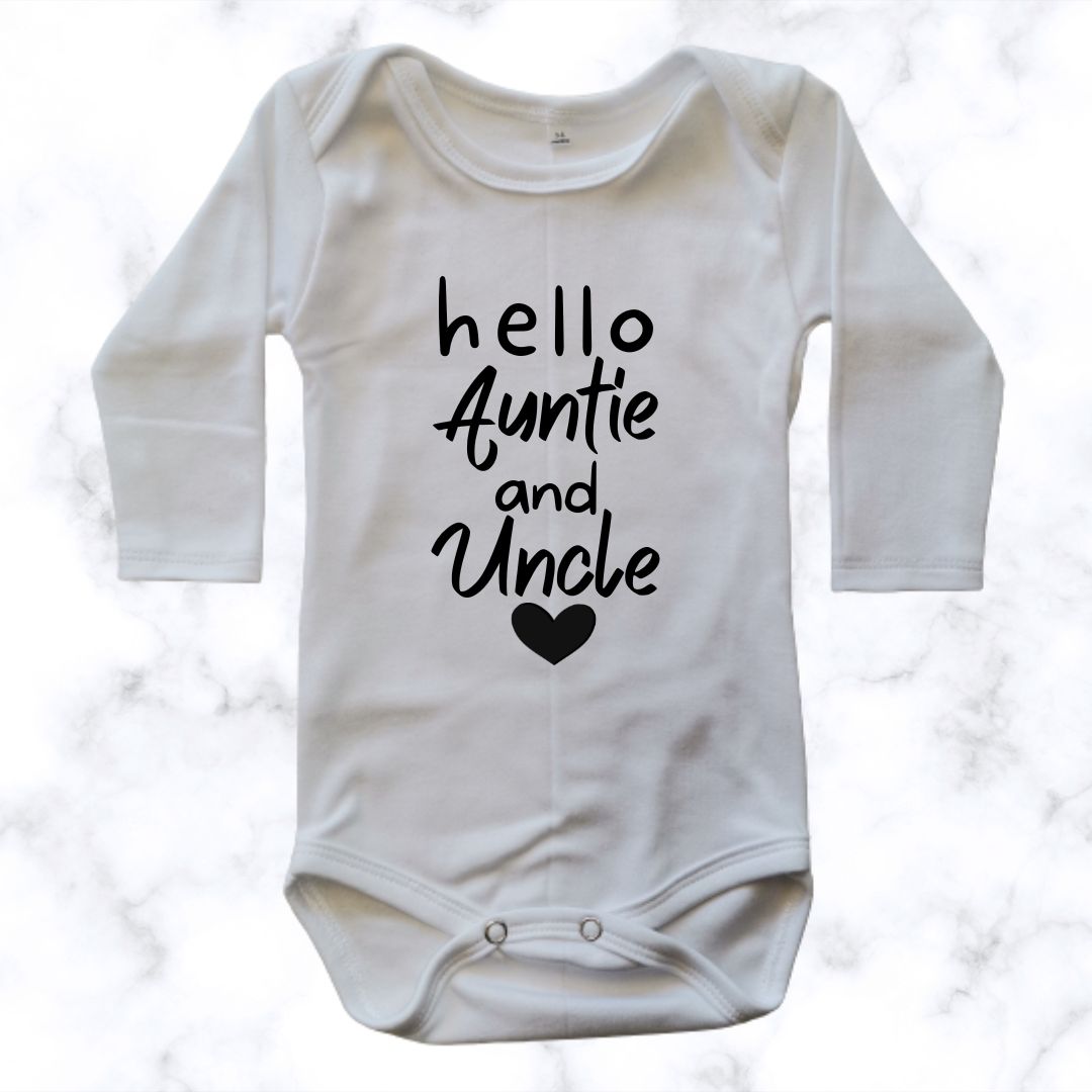 Hello Auntie and Uncle baby onesie