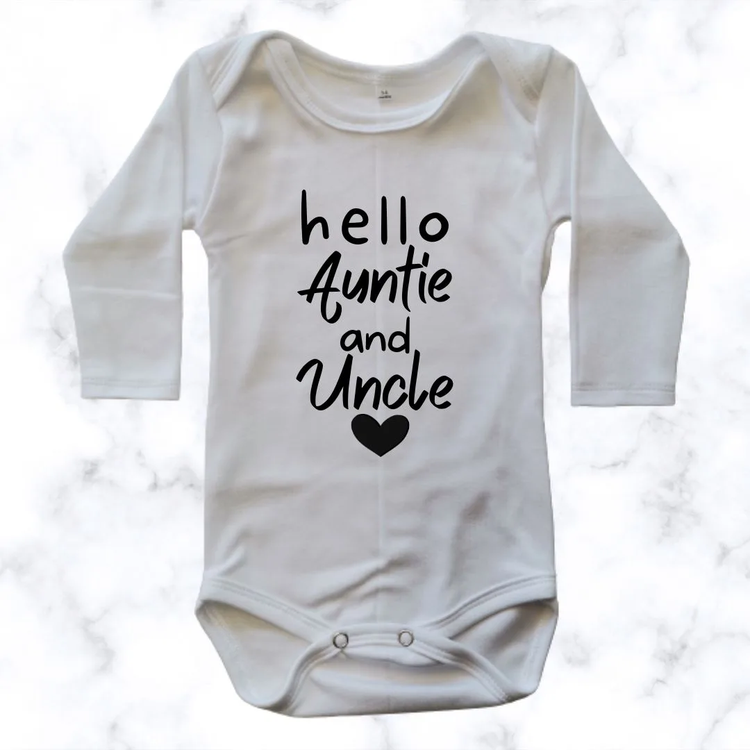 Hello Auntie and Uncle baby onesie