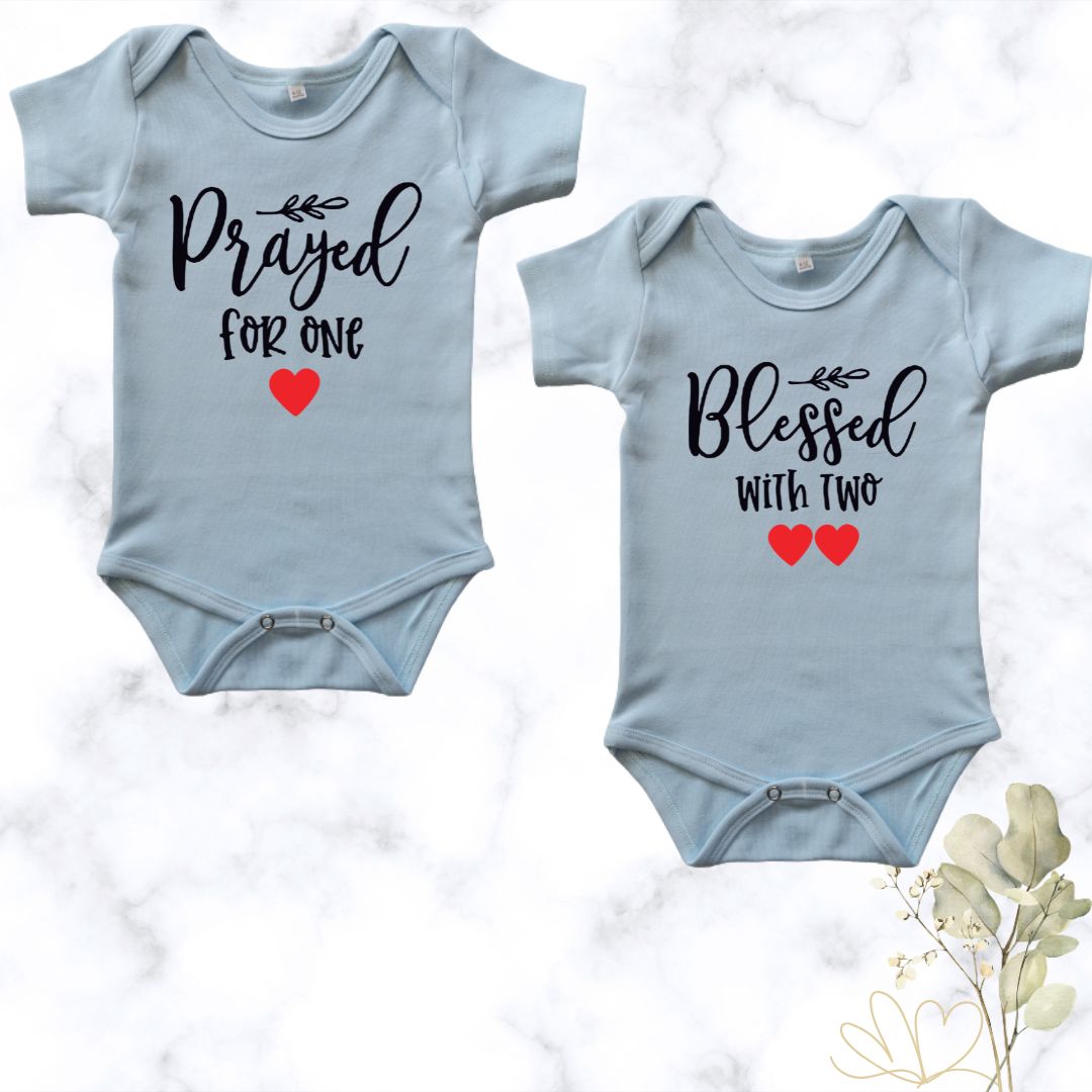 Prayed for one | Custom Printed Twin Onesies - blue