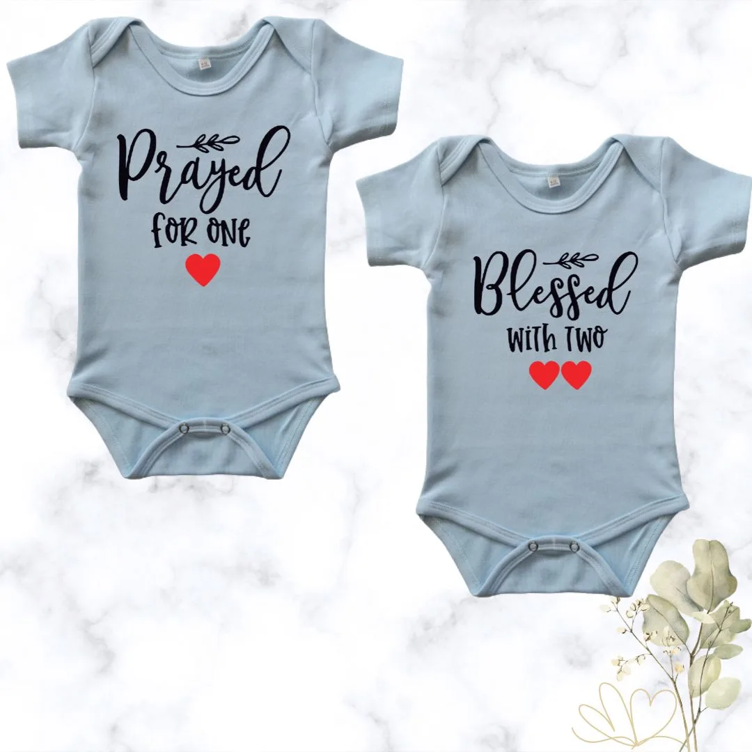 Prayed for one | Custom Printed Twin Onesies - blue