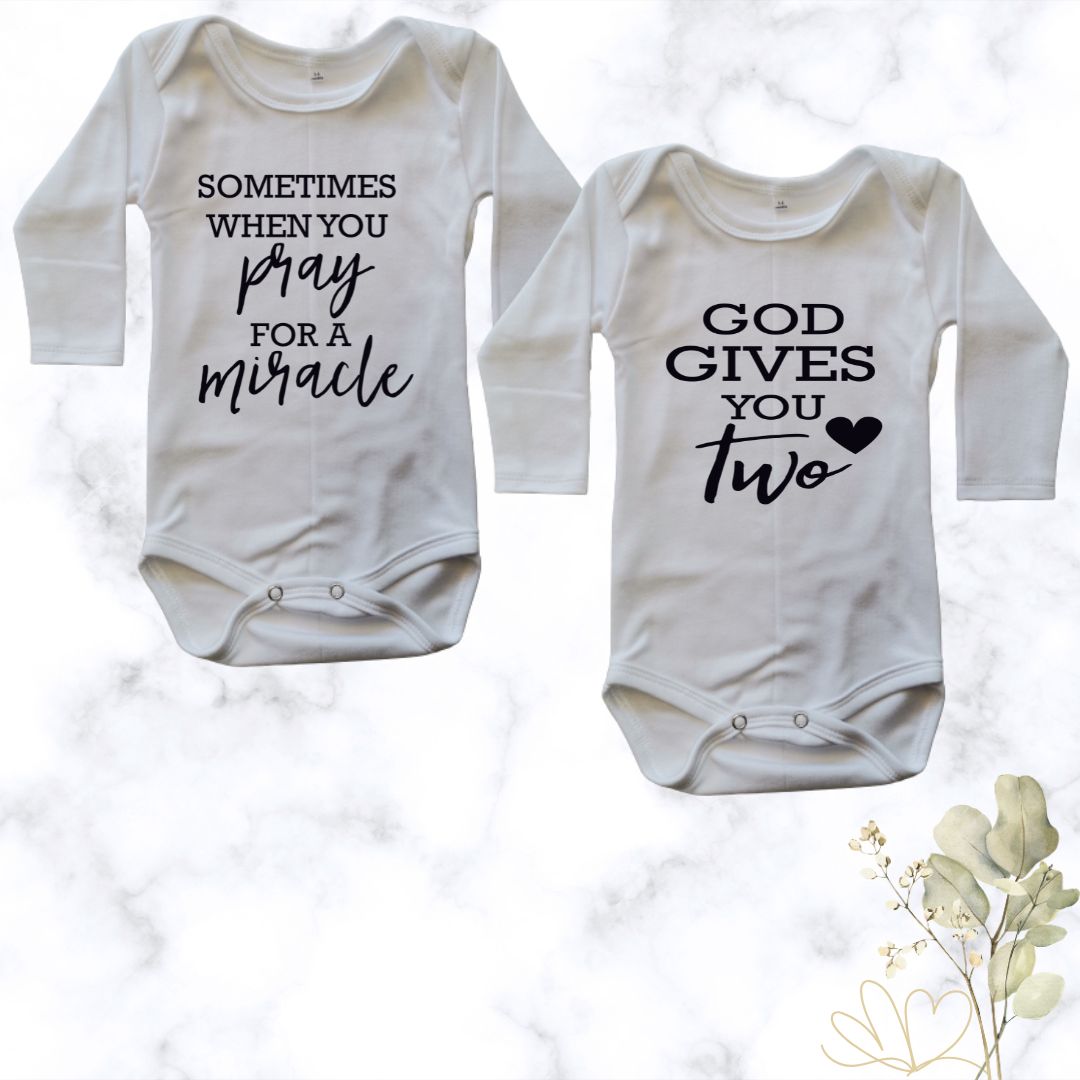 Prayed for a Miracle Twin Onesie Combo - white