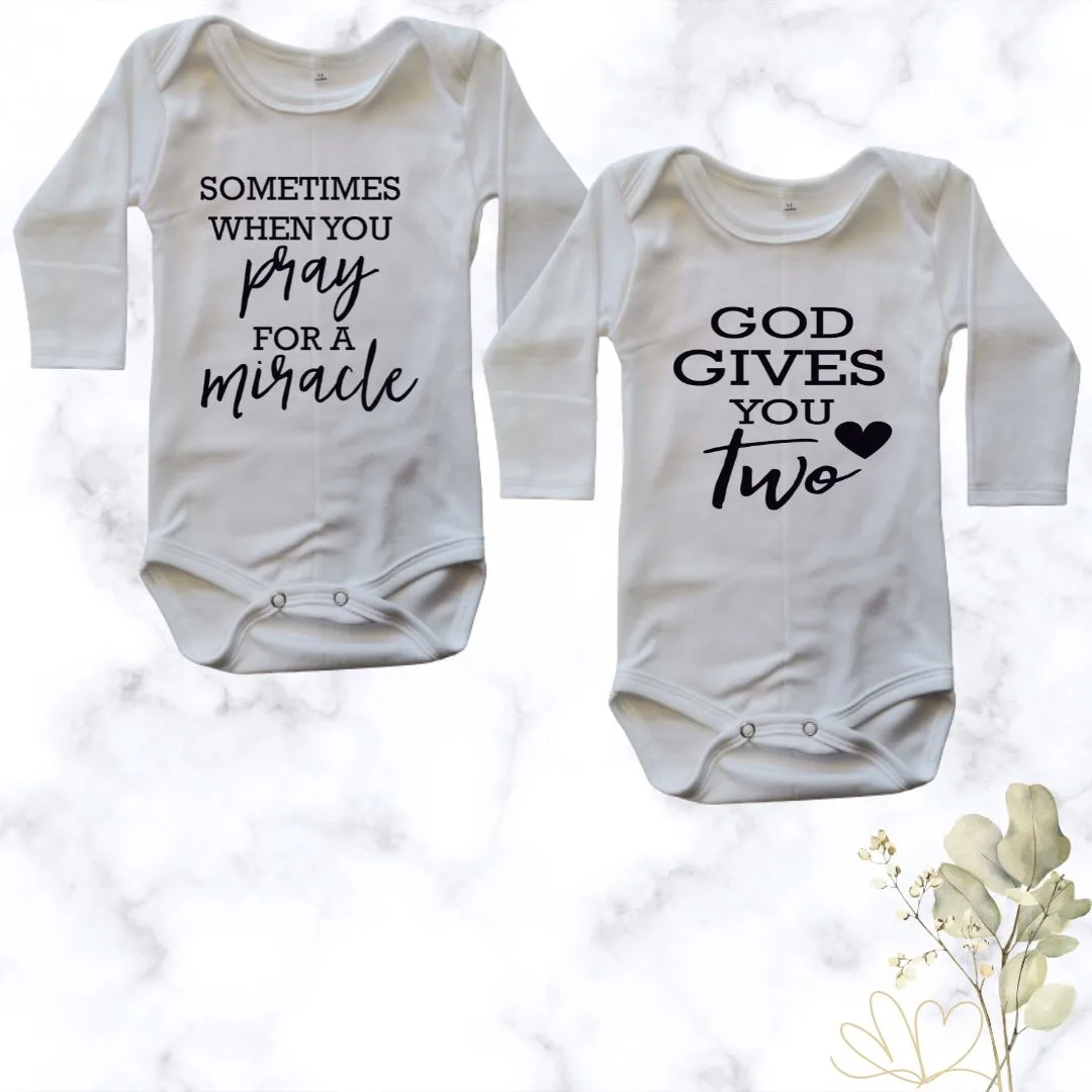 Prayed for a Miracle Twin Onesie Combo - white