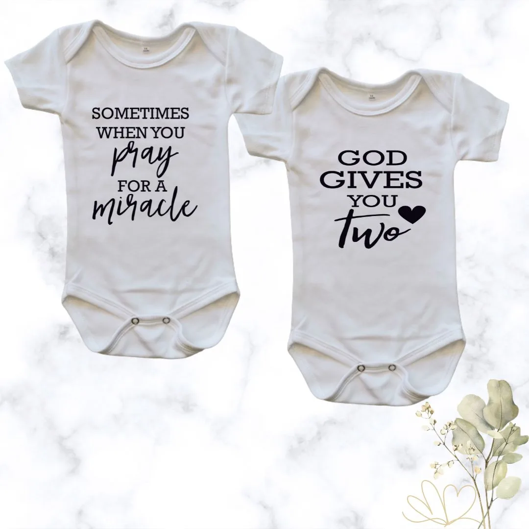 Prayed for a Miracle Twin Onesie Combo - white