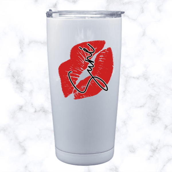 White 20oz stainless steel tumbler with a red lip print and the name