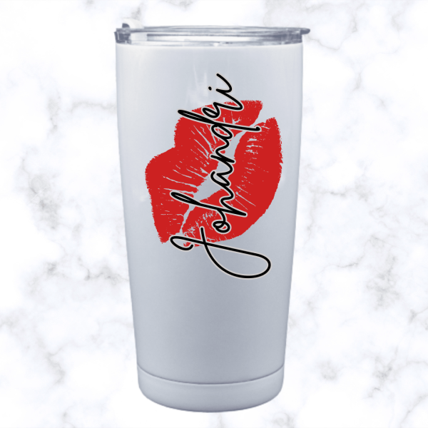 White 20oz stainless steel tumbler with a red lip print and the name