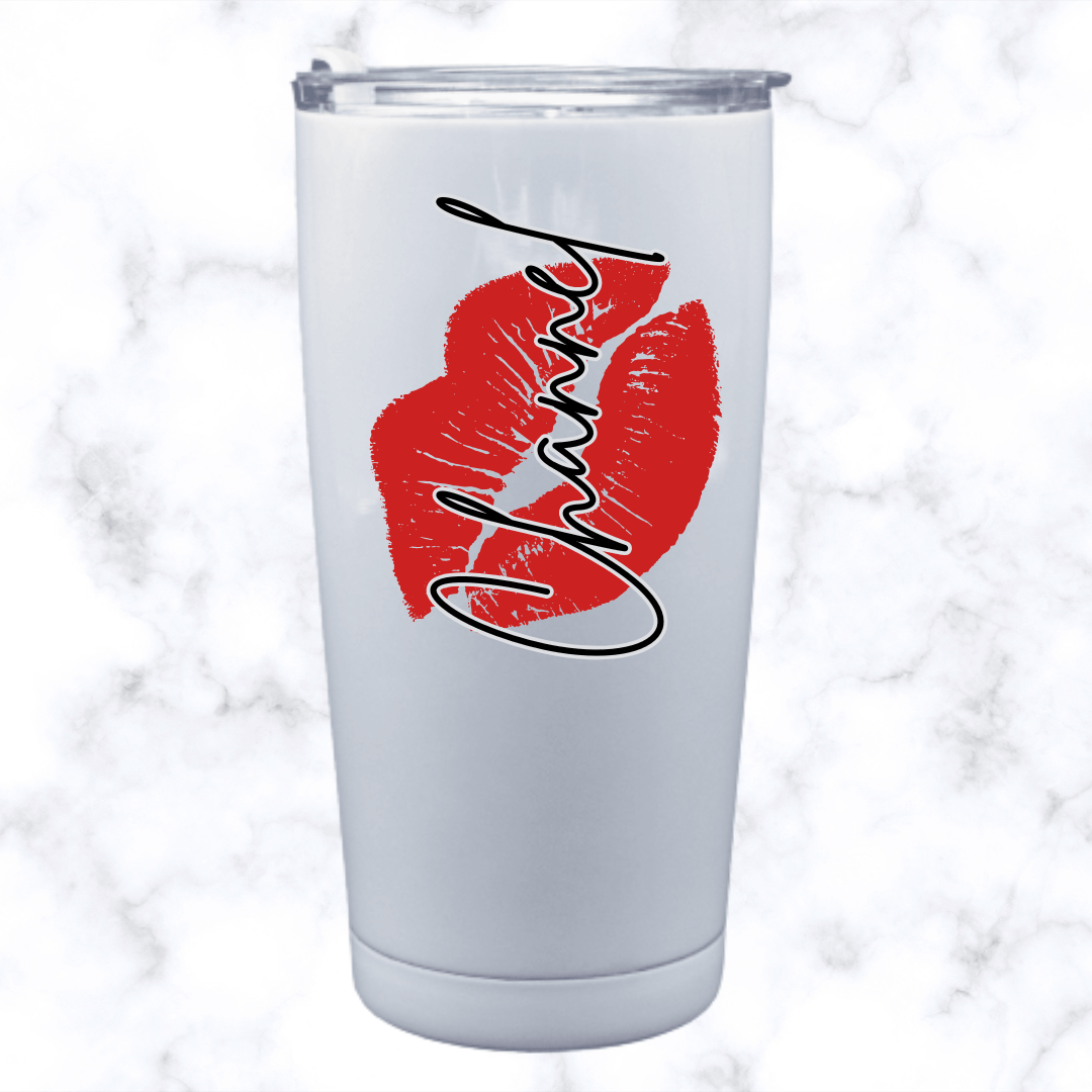 White 20oz stainless steel tumbler with a red lip print and the name
