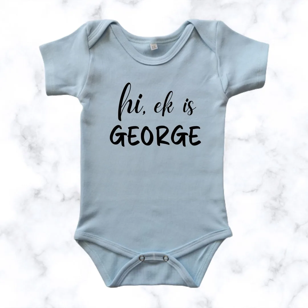 Meet me - name printed onesie - blue short sleeve