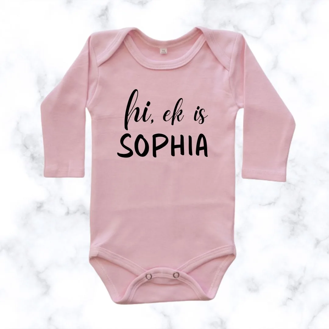 Meet me - name printed onesie - pink long sleeve