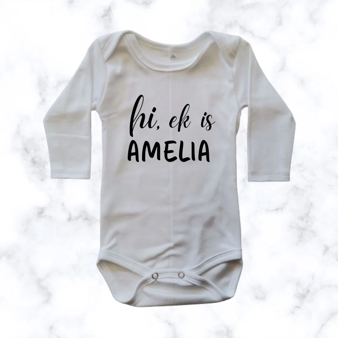Meet me - name printed onesie - white long sleeve