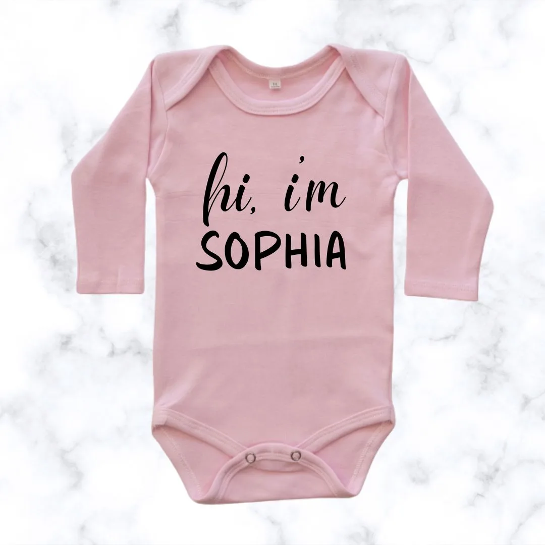 Meet me - name printed onesie - pink long sleeve