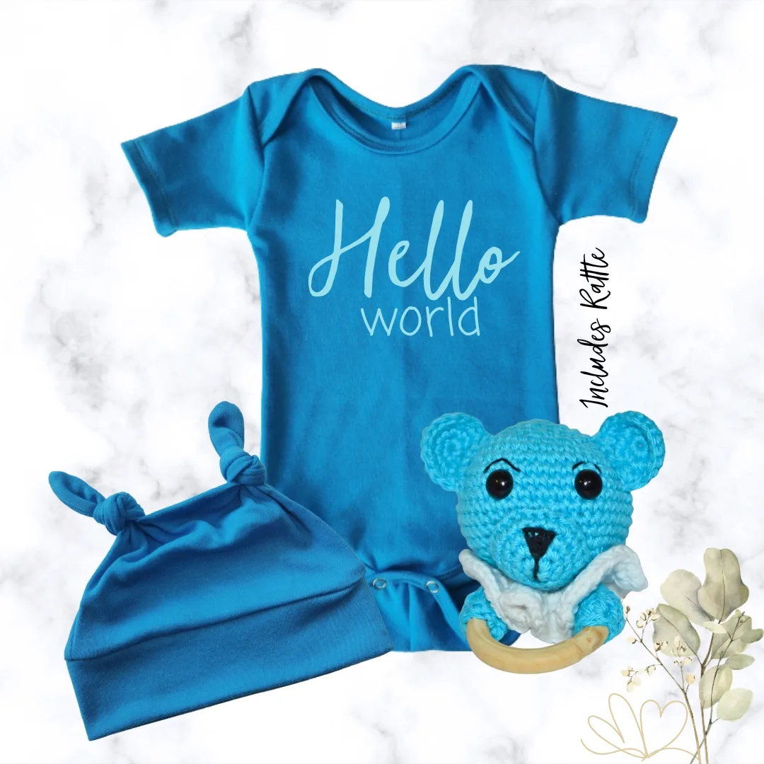 Hellow World - turquoise printed onesie gift set