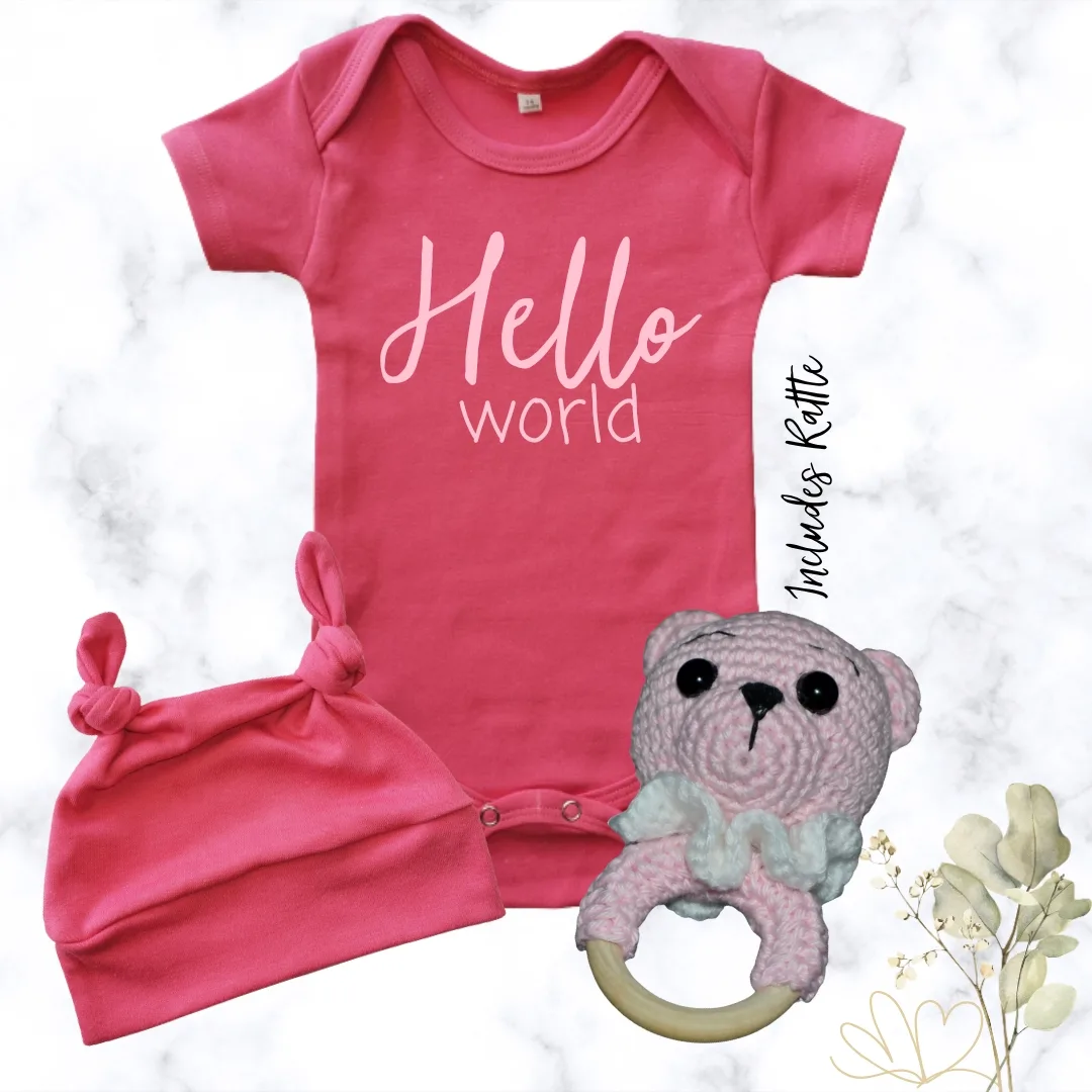 Hello World - coral printed onesie gift set