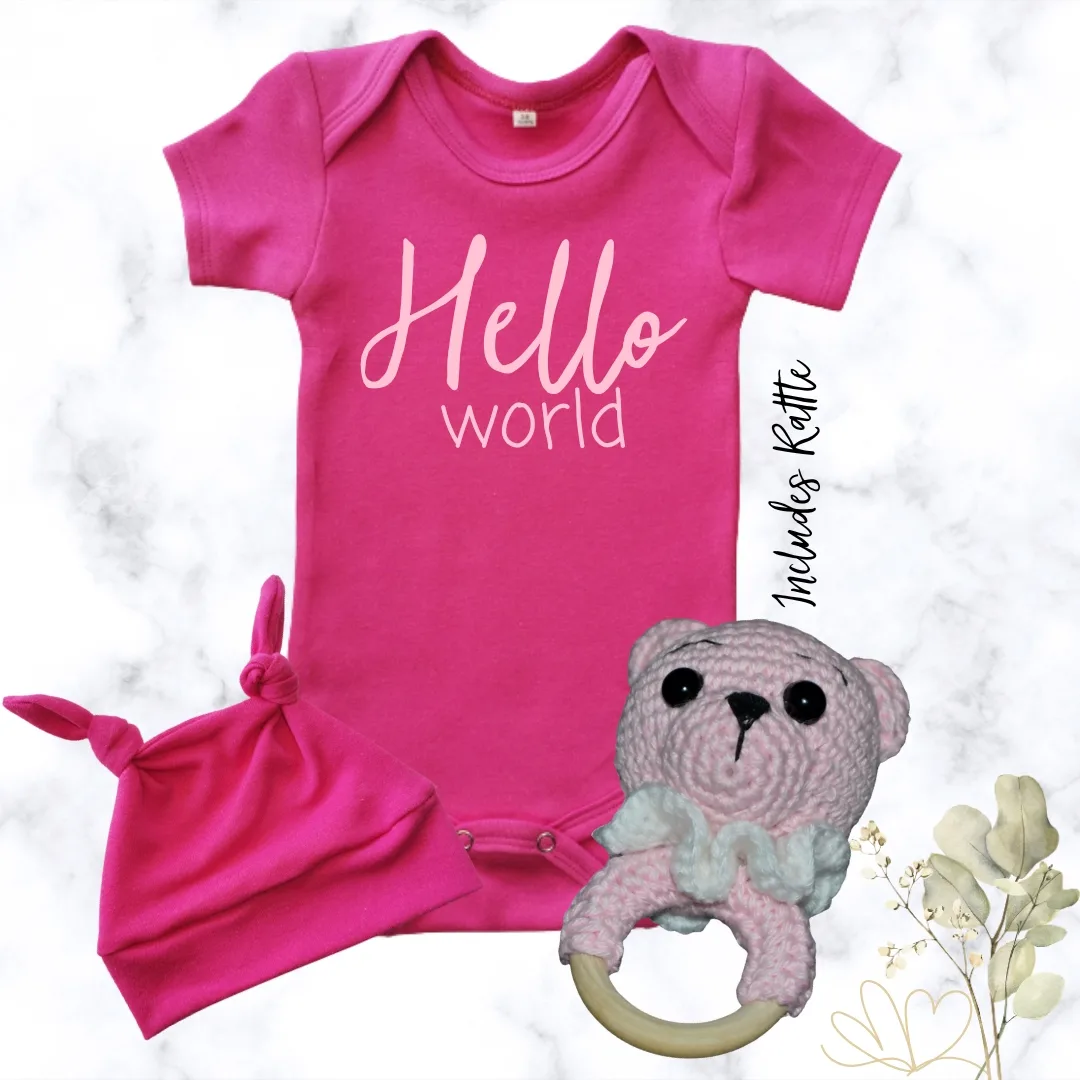 Hello World -cerise printed onesie gift set